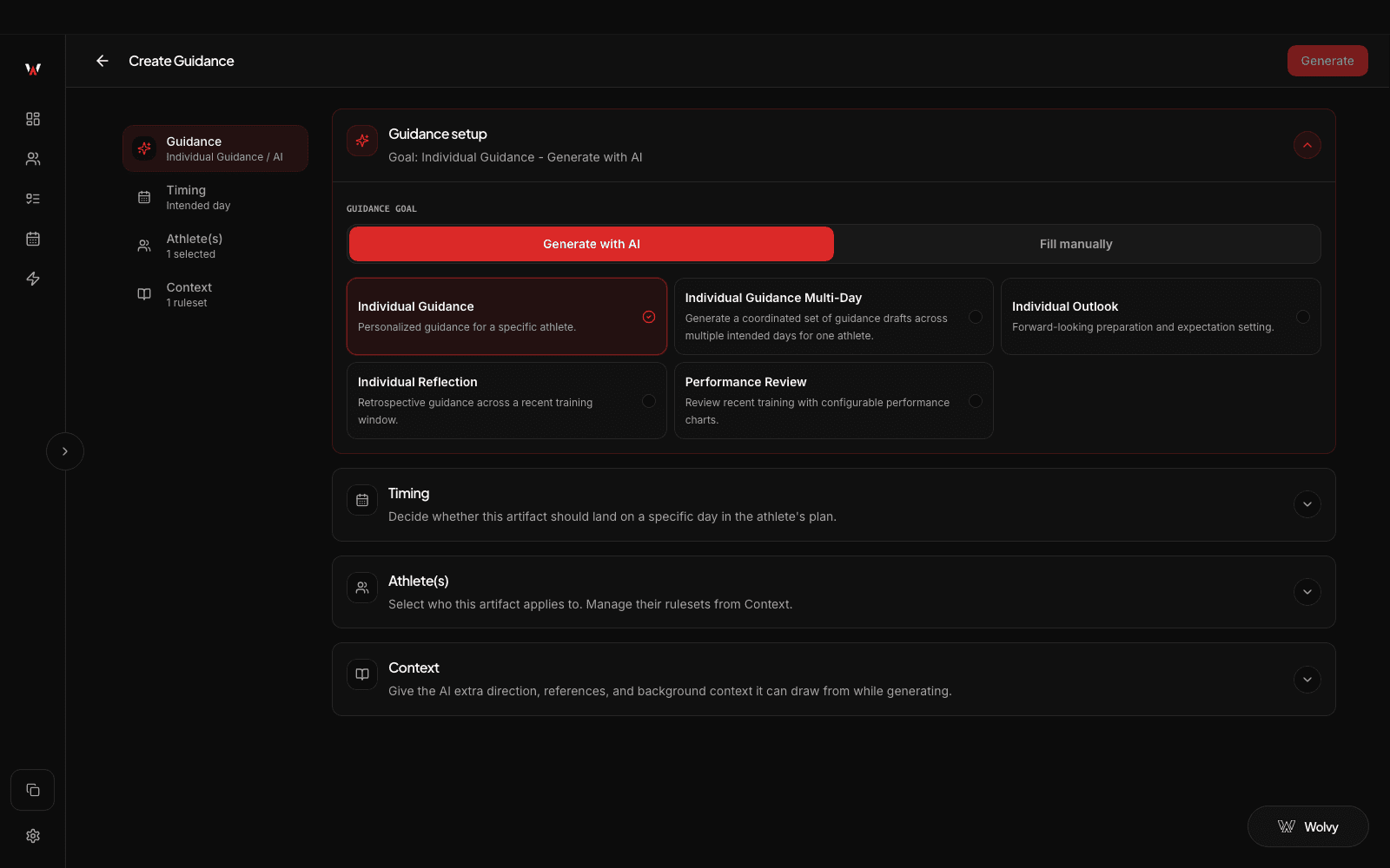 Wolverine coach guidance builder showing guidance type, timing, athlete, and context controls