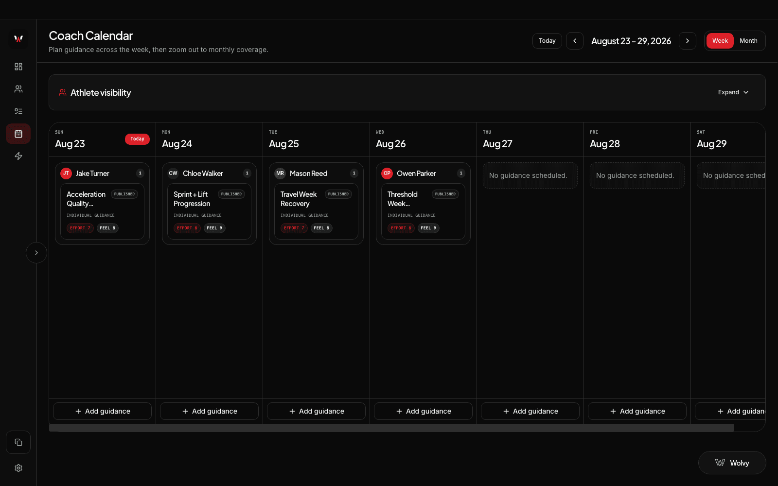 Wolverine coach calendar showing scheduled athlete guidance and submitted feedback across the week