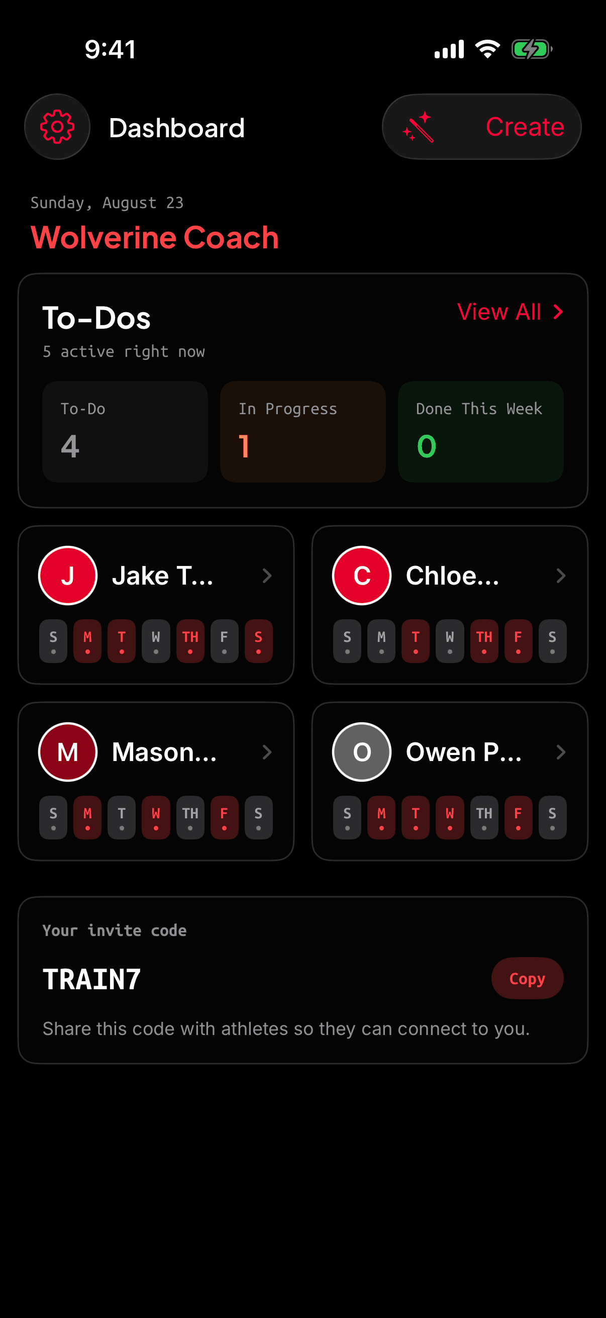 Wolverine coach mobile dashboard showing athletes and active coach to-dos